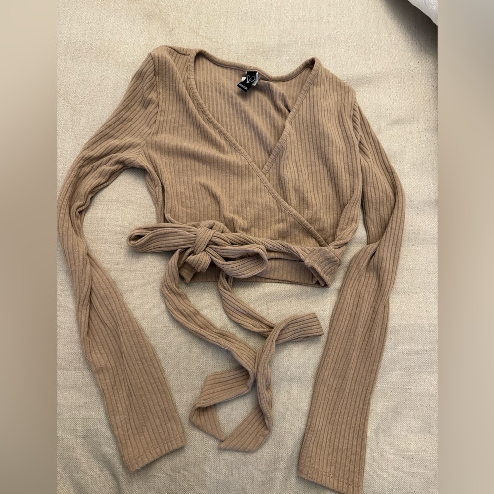 Windsor Tan Ribbed Wrap Blouse with Tie Front